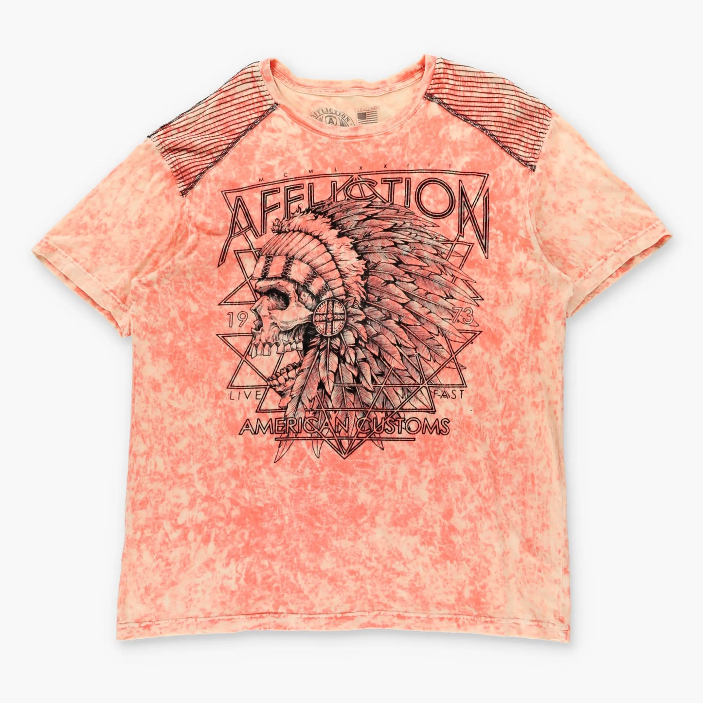 Vintage AFFLICTION 'American Customs' Velvet Detail Headdress Skull Neon Orange Tie-Dye Tee USA Made (XXL)