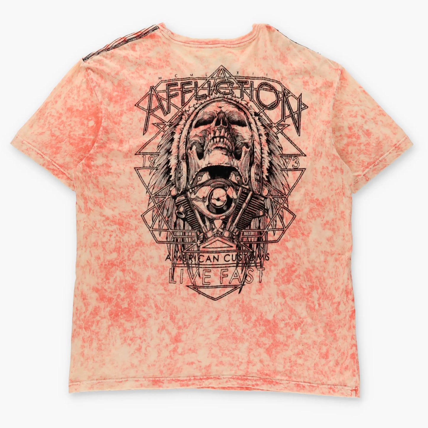 Vintage AFFLICTION 'American Customs' Velvet Detail Headdress Skull Neon Orange Tie-Dye Tee USA Made (XXL)