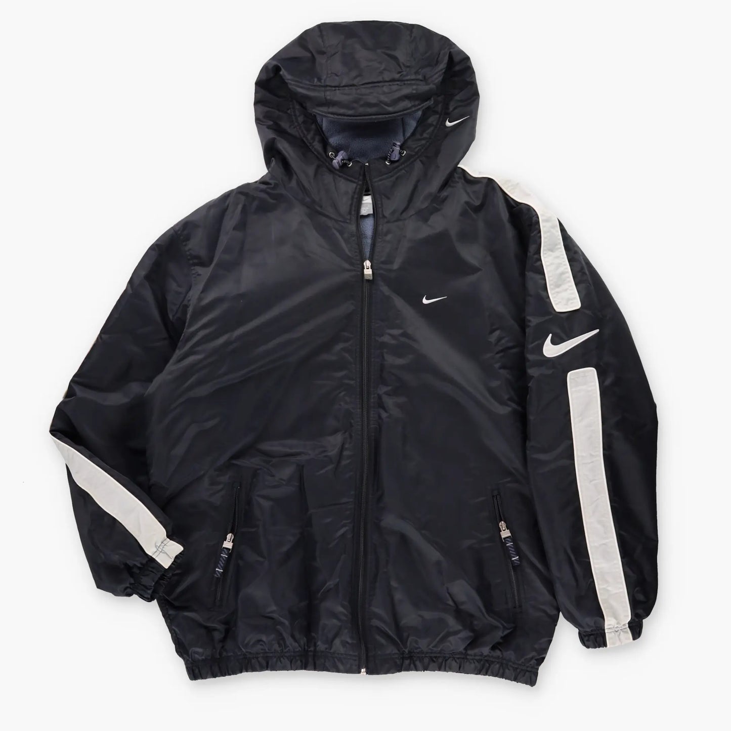 Vintage NIKE Embroidered Swoosh White Stripe Hooded Zip Up Black Jacket (L-XL)