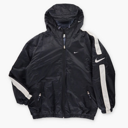 Vintage NIKE Embroidered Swoosh White Stripe Hooded Zip Up Black Jacket (L-XL)