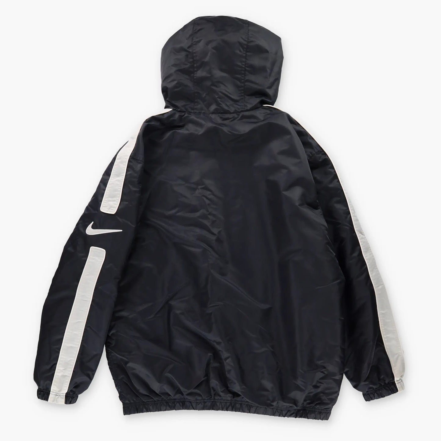 Vintage NIKE Embroidered Swoosh White Stripe Hooded Zip Up Black Jacket (L-XL)