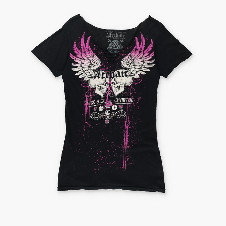 ARCHAIC AFFLICTION "Vices x Virtue" Hot Pink Y2K Tee (Women's S-M)