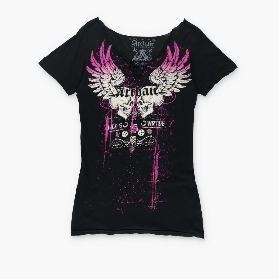 ARCHAIC AFFLICTION "Vices x Virtue" Hot Pink Y2K Tee (Women's S-M)