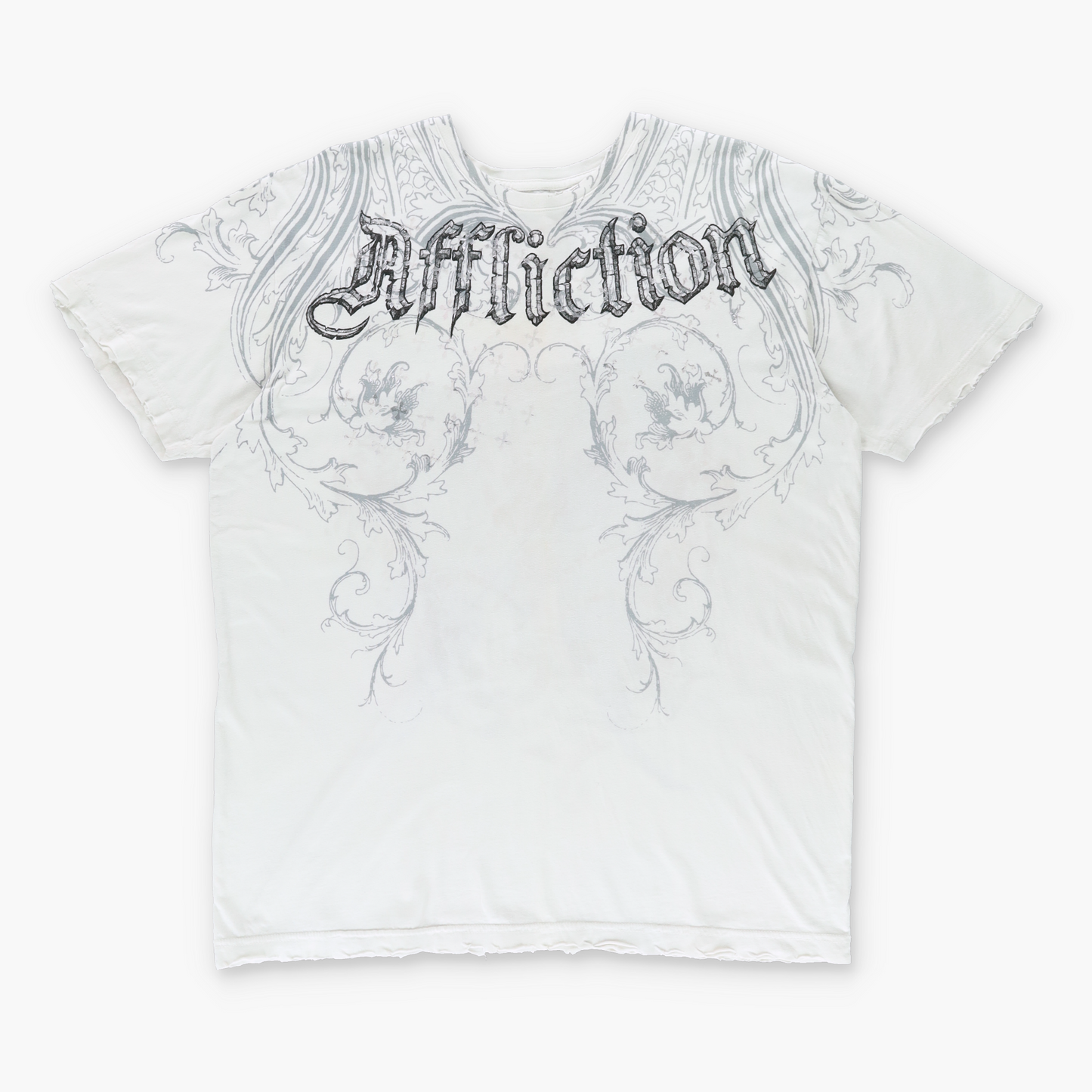 AFFLICTION Rare Winged Cross Silver & White USA Made Y2K T-Shirt (XL)