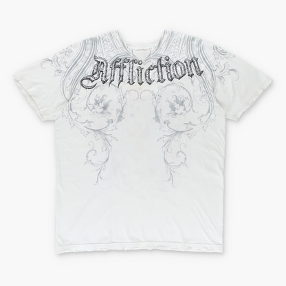 AFFLICTION Rare Winged Cross Silver & White USA Made Y2K T-Shirt (XL)