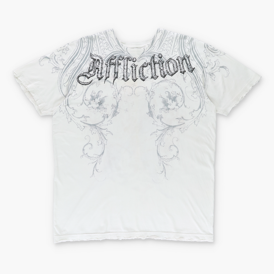 AFFLICTION Rare Winged Cross Silver & White USA Made Y2K T-Shirt (XL)
