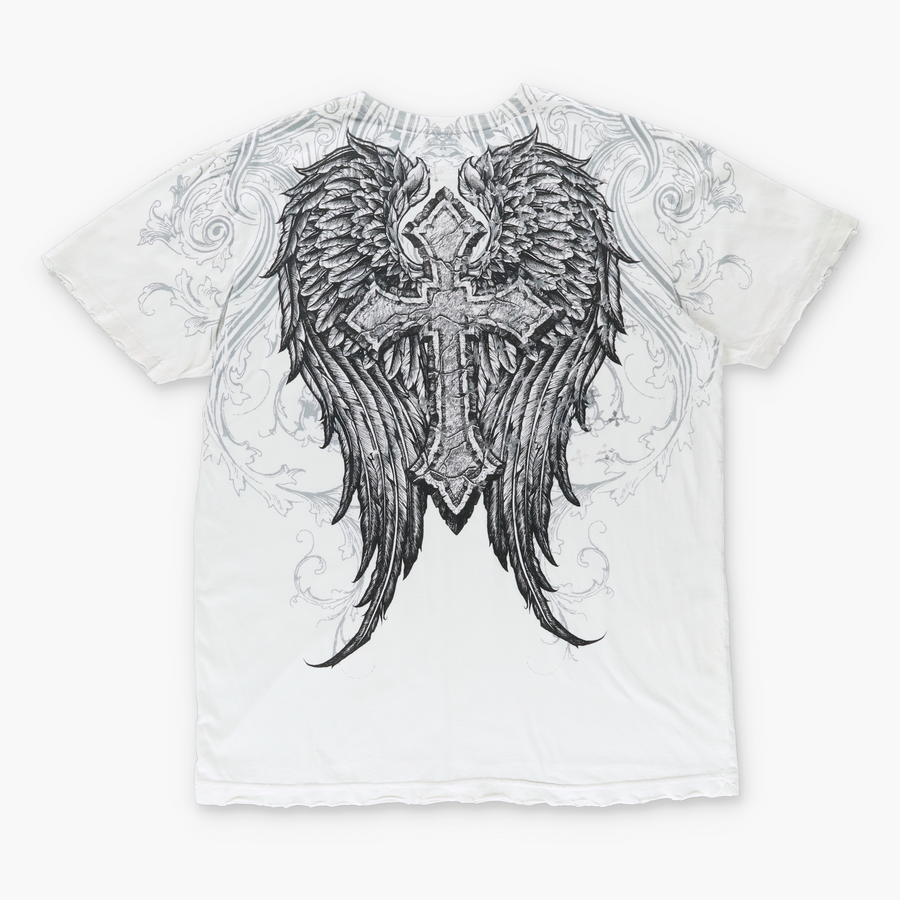 AFFLICTION Rare Winged Cross Silver & White USA Made Y2K T-Shirt (XL)