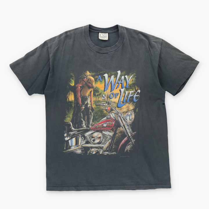 "Way Of Life Live To Ride" Grey Motorcycle Single Stitch Graphic Tee (L-XL)