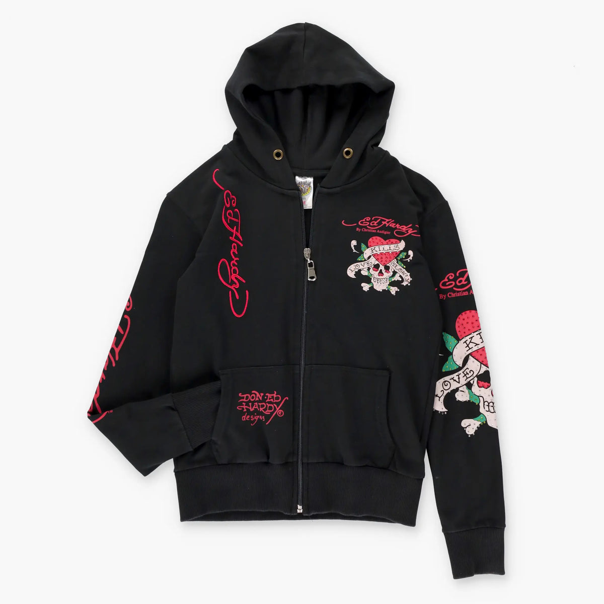 Vintage ED HARDY 'Love Kills Slowly' Y2K Skull Heart Full Zip Hoodie Sweatshirt USA Made (S)