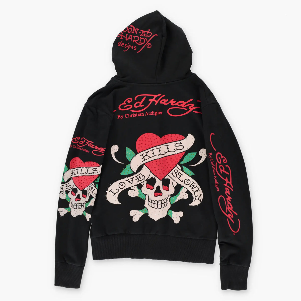 Vintage ED HARDY 'Love Kills Slowly' Y2K Skull Heart Full Zip Hoodie Sweatshirt USA Made (S)