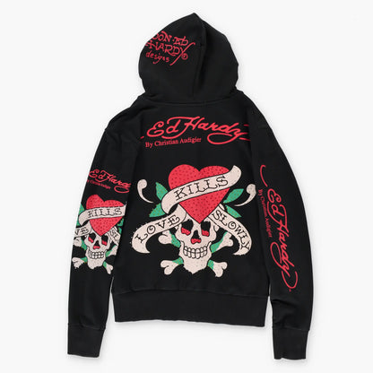 Vintage ED HARDY 'Love Kills Slowly' Y2K Skull Heart Full Zip Hoodie Sweatshirt USA Made (S)