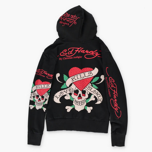 Vintage ED HARDY 'Love Kills Slowly' Y2K Skull Heart Full Zip Hoodie Sweatshirt USA Made (S)