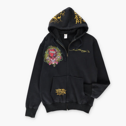 Vintage ED HARDY Embellished 'Love Kills' Y2K Graphic Full Zip Hoodie Sweatshirt (M)