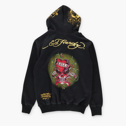 Vintage ED HARDY Embellished 'Love Kills' Y2K Graphic Full Zip Hoodie Sweatshirt (M)