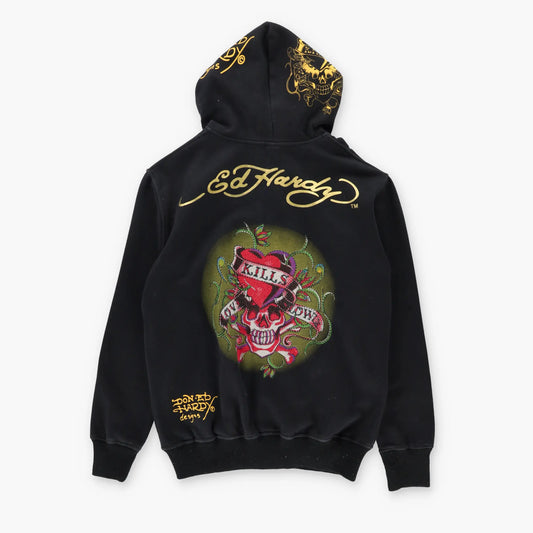 Vintage ED HARDY Embellished 'Love Kills' Y2K Graphic Full Zip Hoodie Sweatshirt (M)