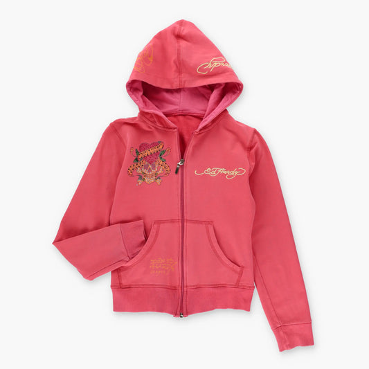 Vintage ED HARDY Coral Pink Y2K Embellished Full Zip Hoodie Sweatshirt (Women's XS-S)