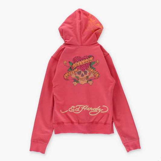 Vintage ED HARDY Coral Pink Y2K Embellished Full Zip Hoodie Sweatshirt (Women's XS-S)