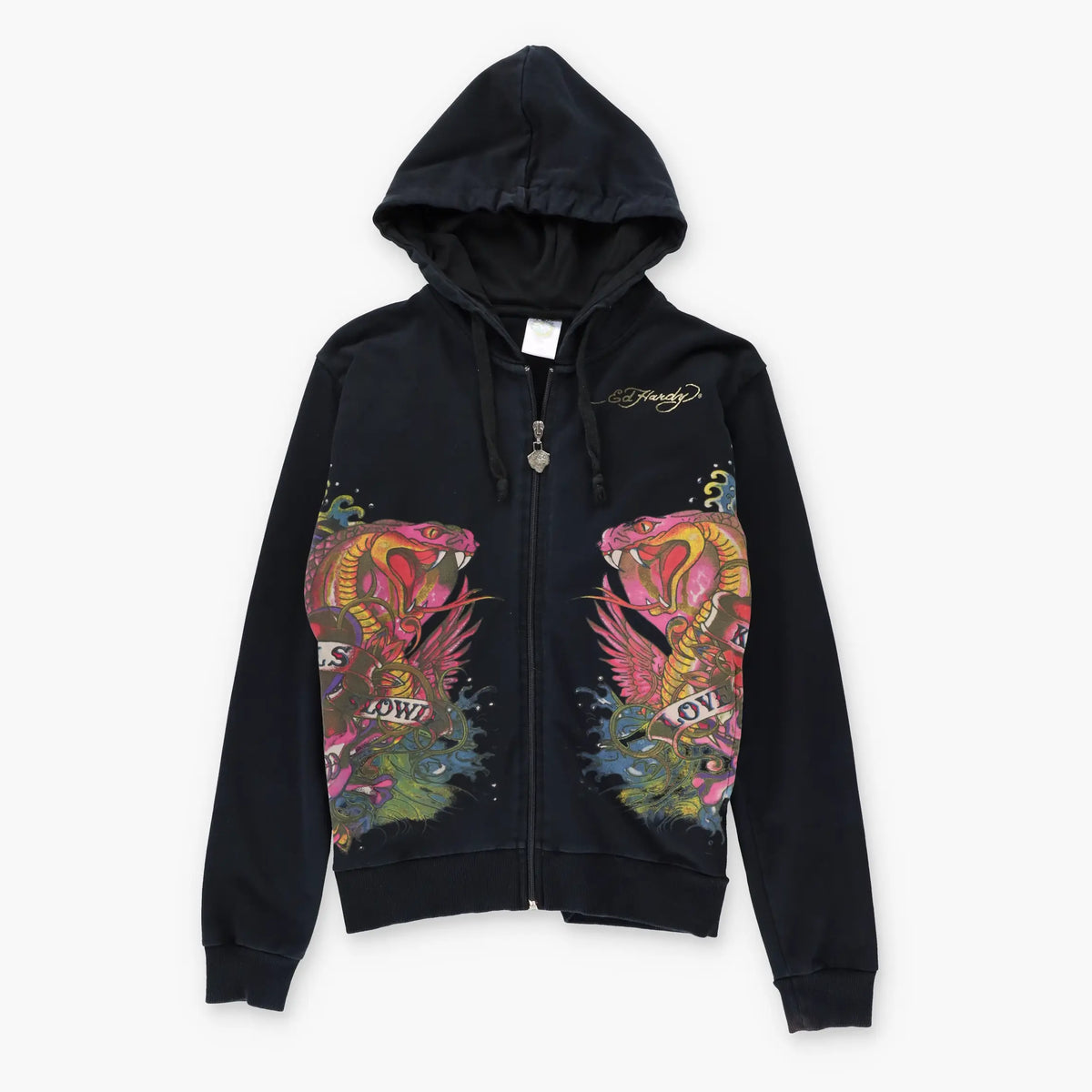 Vintage ED HARDY Double Snake Y2K Embellished Mermaid Full Zip Hoodie Sweatshirt USA Made (S-M)