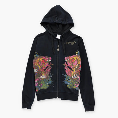 Vintage ED HARDY Double Snake Y2K Embellished Mermaid Full Zip Hoodie Sweatshirt USA Made (S-M)