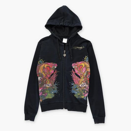 Vintage ED HARDY Double Snake Y2K Embellished Mermaid Full Zip Hoodie Sweatshirt USA Made (S-M)