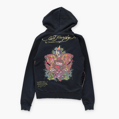 Vintage ED HARDY Double Snake Y2K Embellished Mermaid Full Zip Hoodie Sweatshirt USA Made (S-M)