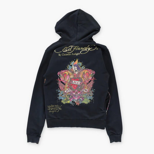 Vintage ED HARDY Double Snake Y2K Embellished Mermaid Full Zip Hoodie Sweatshirt USA Made (S-M)