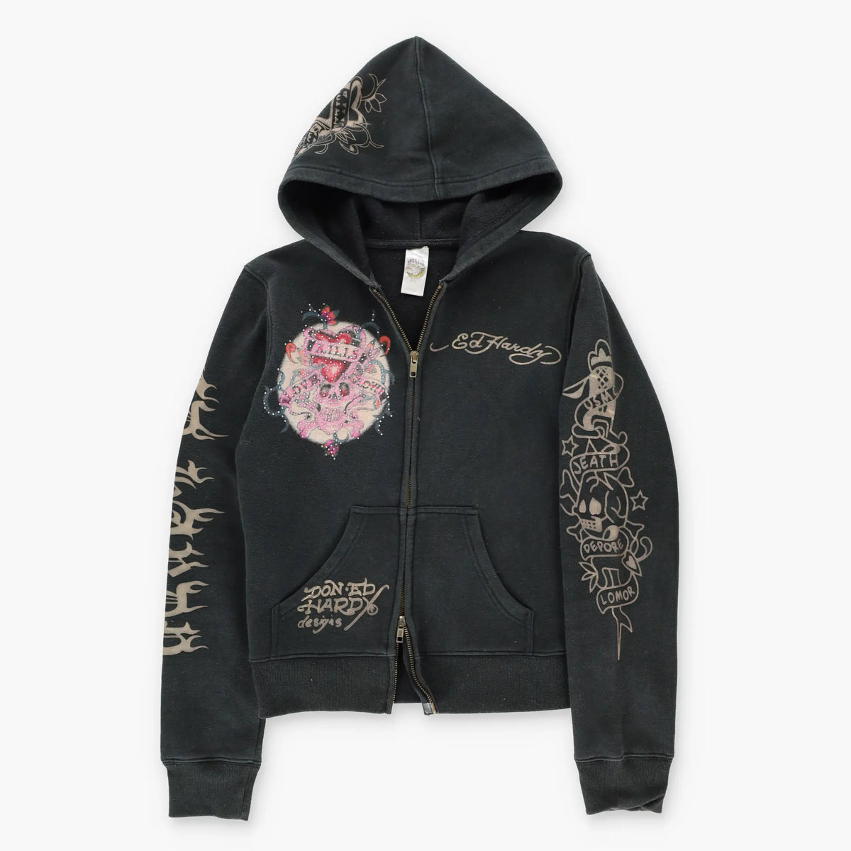 Vintage ED HARDY Pink Skull USMC Marines Y2K Embellished Full Zip Hoodie Sweatshirt (M)