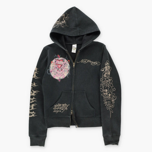 Vintage ED HARDY Pink Skull USMC Marines Y2K Embellished Full Zip Hoodie Sweatshirt (M)