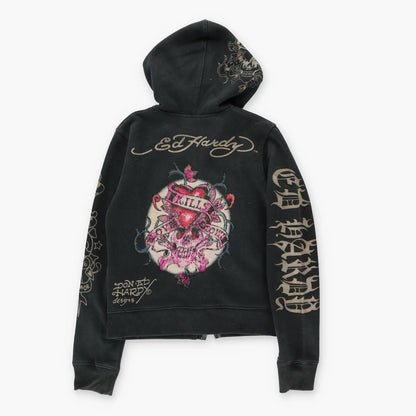 Vintage ED HARDY Pink Skull USMC Marines Y2K Embellished Full Zip Hoodie Sweatshirt (M)