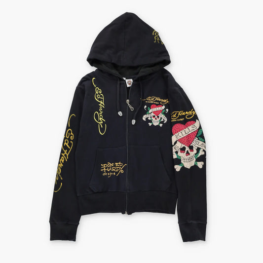 Vintage ED HARDY 'Love Kills Slowly' Skull Heart Y2K Full Zip Hoodie Sweatshirt Portugal Made (S)