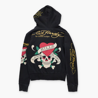Vintage ED HARDY 'Love Kills Slowly' Skull Heart Y2K Full Zip Hoodie Sweatshirt Portugal Made (S)