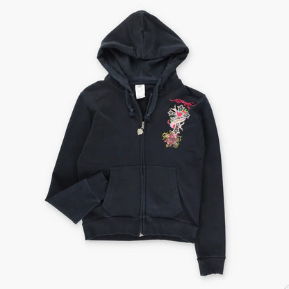Vintage ED HARDY Embellished Heart Cross Y2K Full Zip Hoodie Sweatshirt USA Made (Women's S)