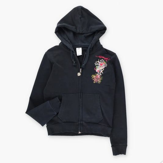 Vintage ED HARDY Embellished Heart Cross Y2K Full Zip Hoodie Sweatshirt USA Made (Women's S)