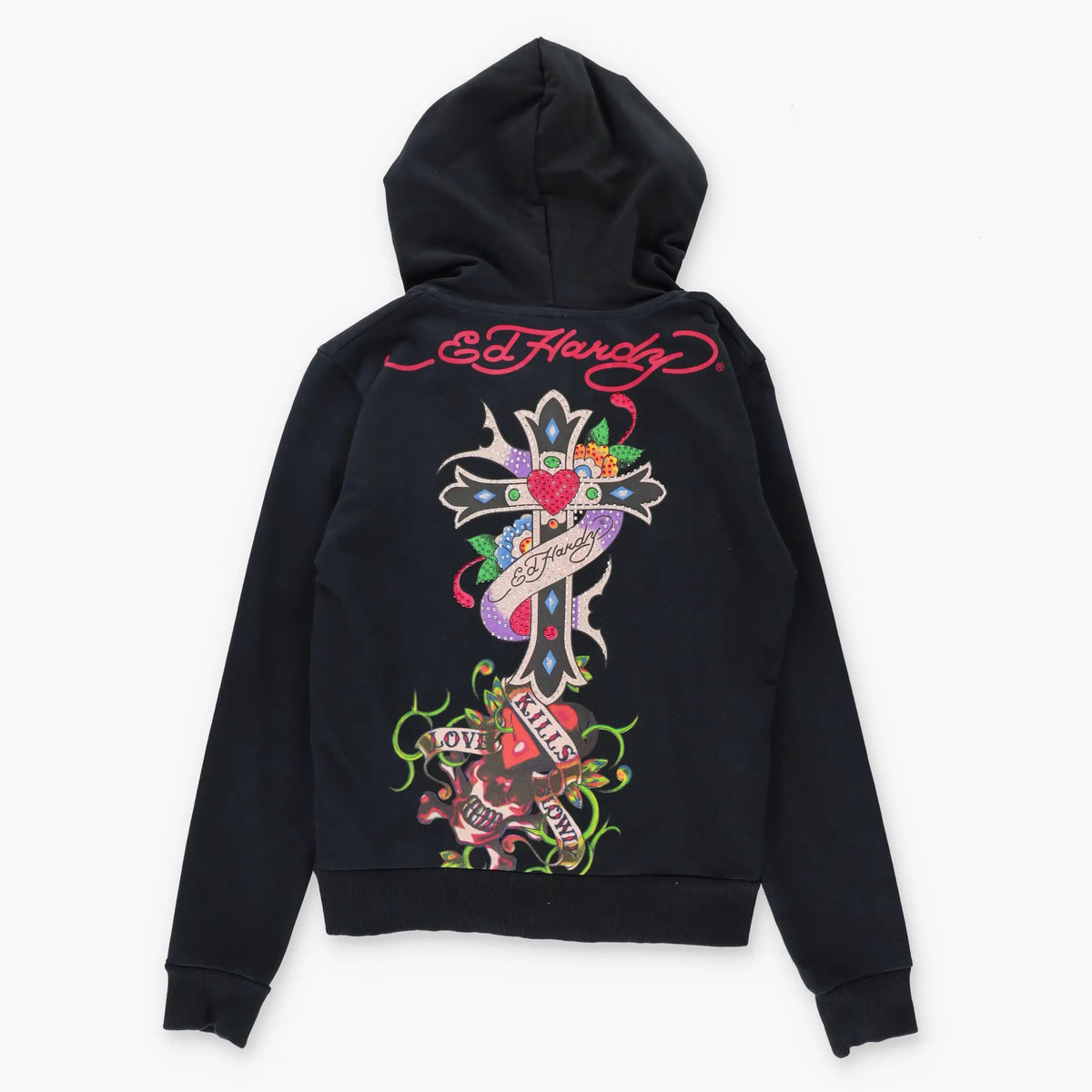 Vintage ED HARDY Embellished Heart Cross Y2K Full Zip Hoodie Sweatshirt USA Made (Women's S)