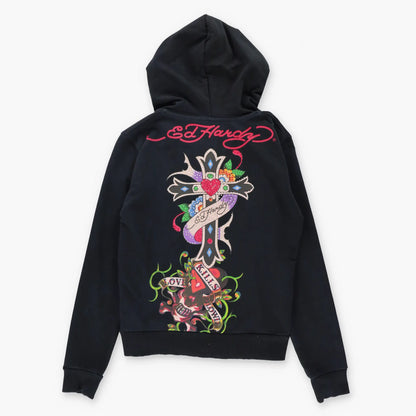 Vintage ED HARDY Embellished Heart Cross Y2K Full Zip Hoodie Sweatshirt USA Made (Women's S)