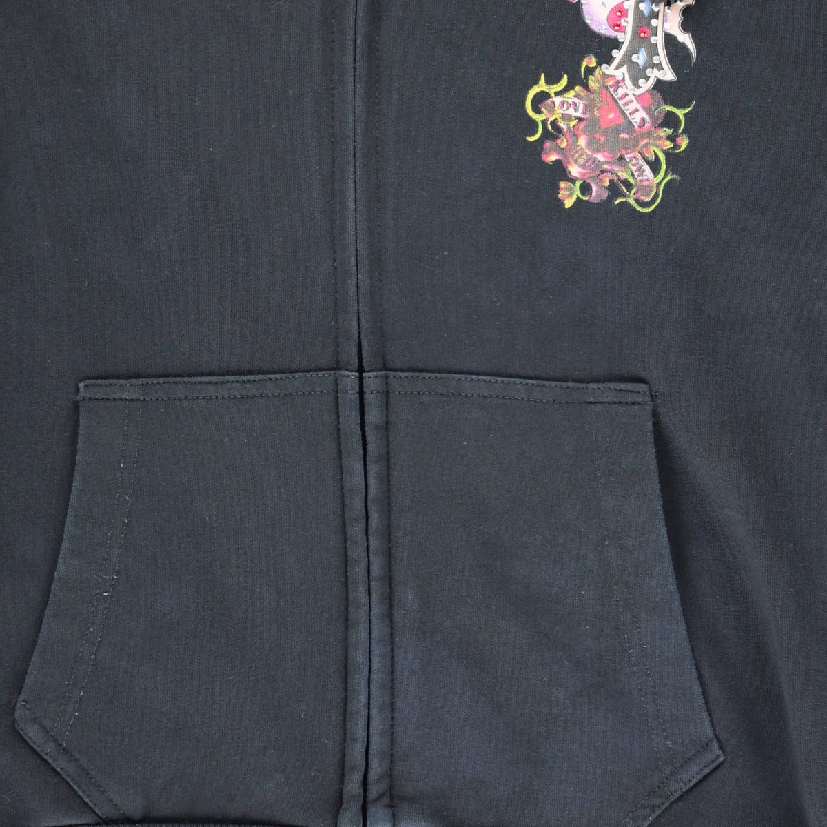 Vintage ED HARDY Embellished Heart Cross Y2K Full Zip Hoodie Sweatshirt USA Made (Women's S)