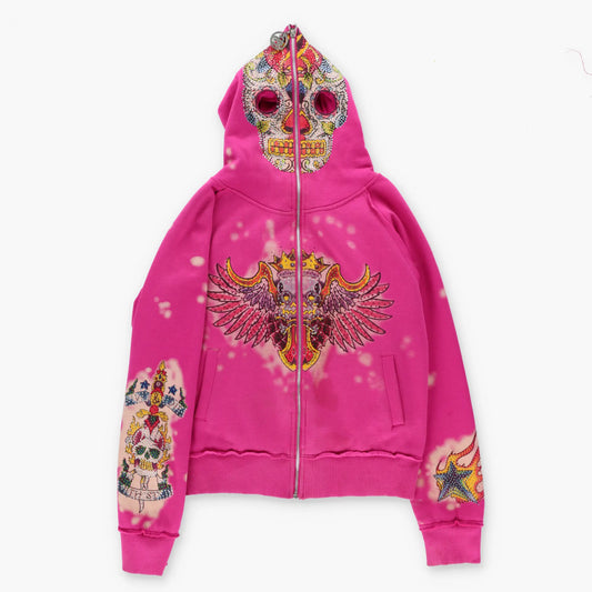 Vintage SOUR N CREAM Embellished Sugar Skull Y2K Mask Hood Full Zip Sweatshirt (M)