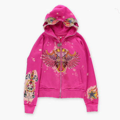 Vintage SOUR N CREAM Embellished Sugar Skull Y2K Mask Hood Full Zip Sweatshirt (M)