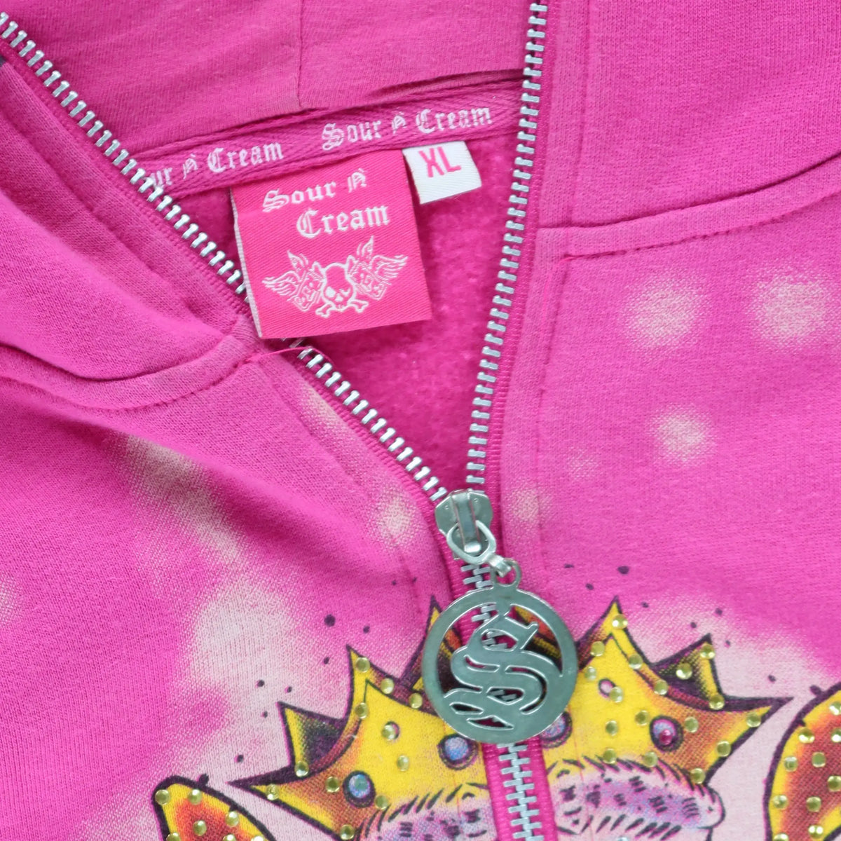 Vintage SOUR N CREAM Embellished Sugar Skull Y2K Mask Hood Full Zip Sweatshirt (M)