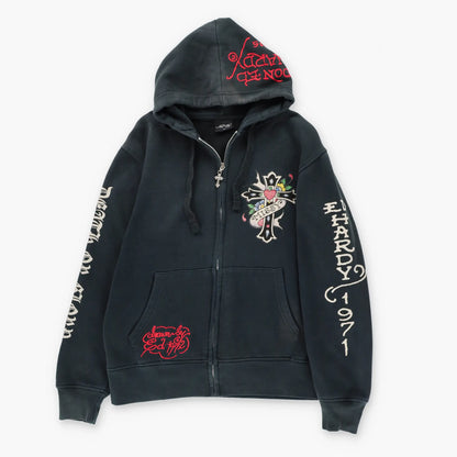 Vintage ED HARDY 'Missy' Y2K Heart Cross Skull Full Zip Hoodie Sweatshirt (M)