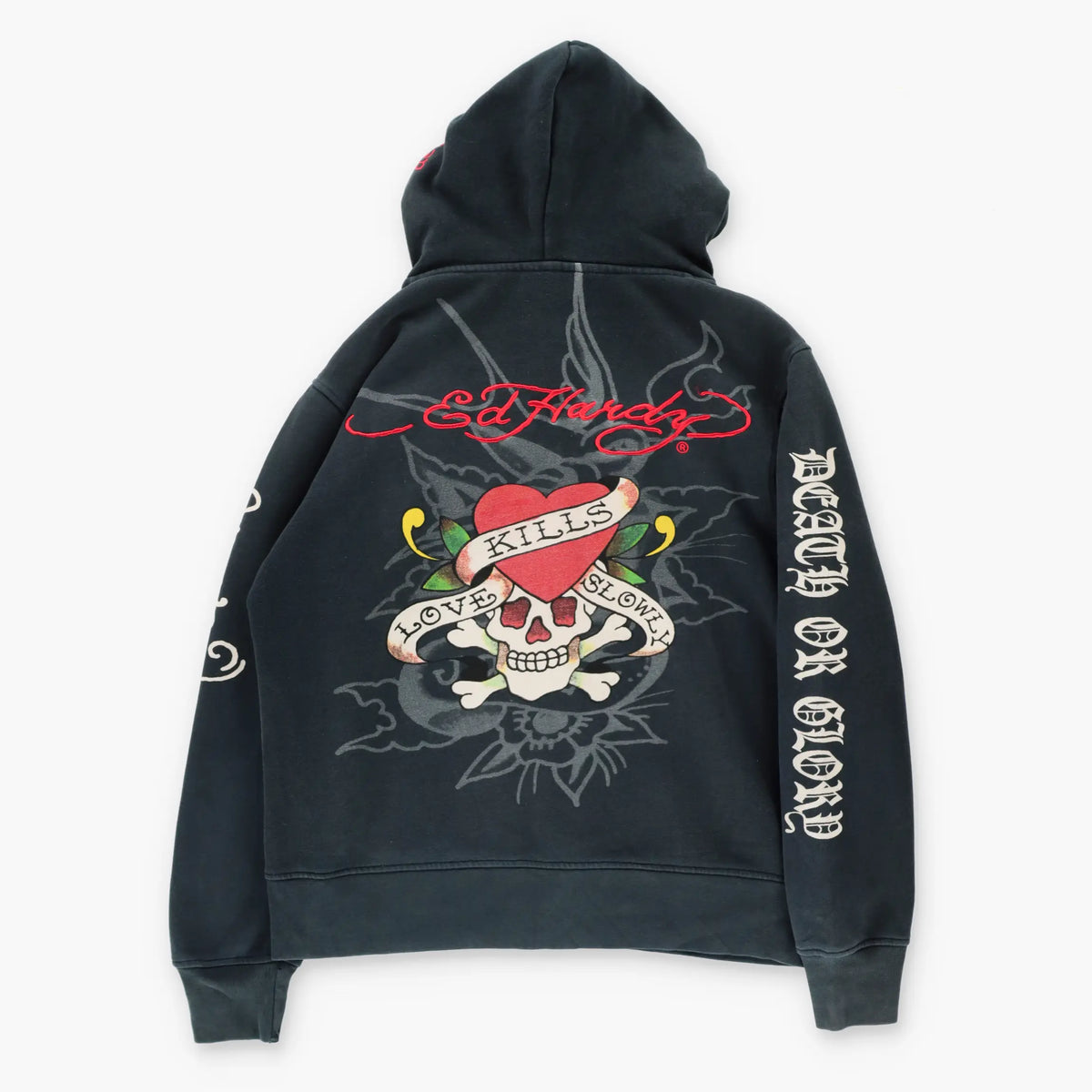 Vintage ED HARDY 'Missy' Y2K Heart Cross Skull Full Zip Hoodie Sweatshirt (M)