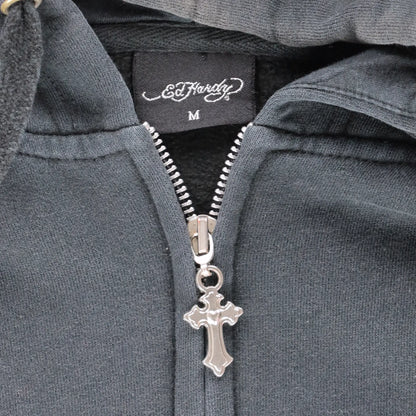 Vintage ED HARDY 'Missy' Y2K Heart Cross Skull Full Zip Hoodie Sweatshirt (M)
