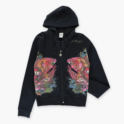 Vintage ED HARDY Embellished Mermaid Snakes Y2K Full Zip Hoodie Sweatshirt USA Made (S-M)