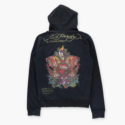 Vintage ED HARDY Embellished Mermaid Snakes Y2K Full Zip Hoodie Sweatshirt USA Made (S-M)