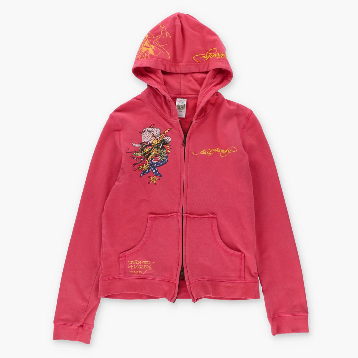 Vintage ED HARDY Cowboy Dragon Embellished Y2K Full Zip Hoodie Sweatshirt USA Made (Women's M-L)