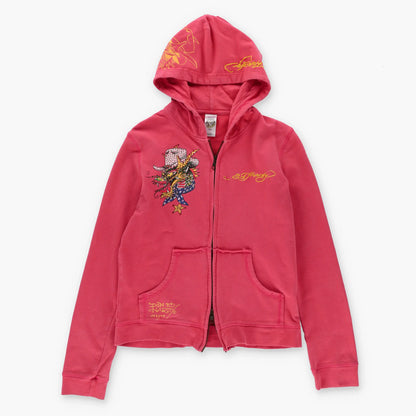 Vintage ED HARDY Cowboy Dragon Embellished Y2K Full Zip Hoodie Sweatshirt USA Made (Women's M-L)