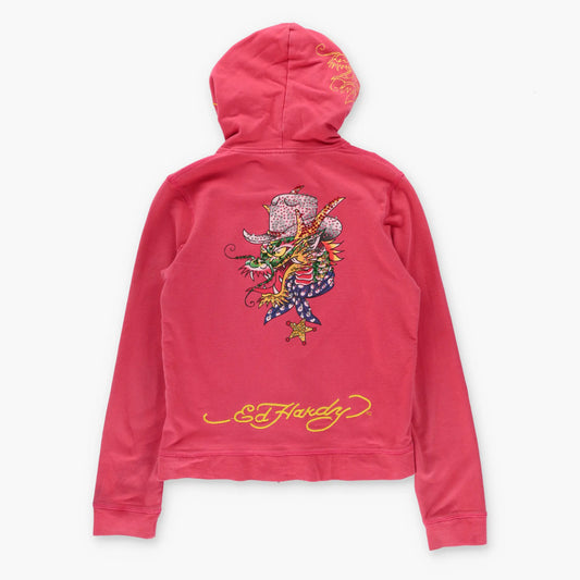 Vintage ED HARDY Cowboy Dragon Embellished Y2K Full Zip Hoodie Sweatshirt USA Made (Women's M-L)