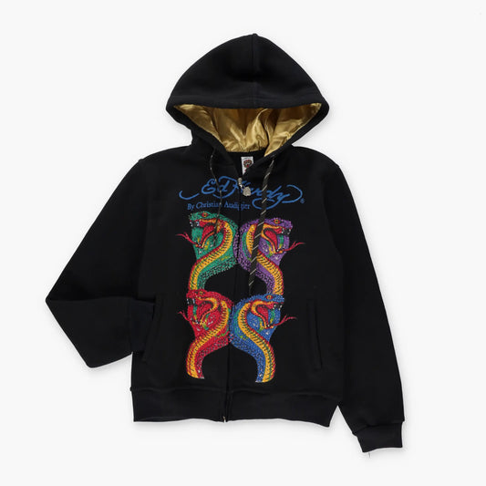 Vintage ED HARDY Embellished Cobra Snakes Y2K Full Zip Hoodie Sweatshirt USA Made (M)