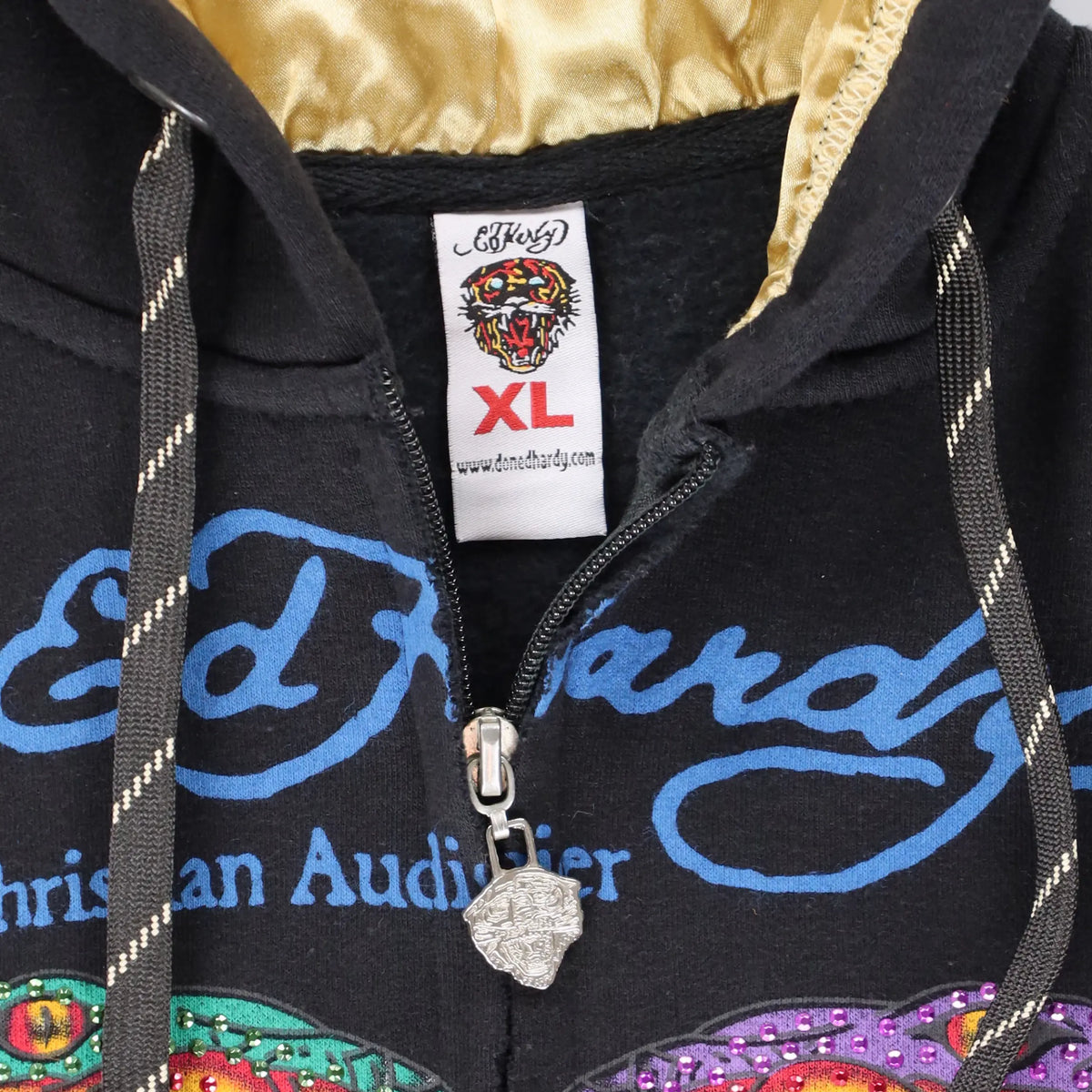 Vintage ED HARDY Embellished Cobra Snakes Y2K Full Zip Hoodie Sweatshirt USA Made (M)