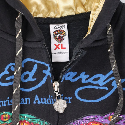 Vintage ED HARDY Embellished Cobra Snakes Y2K Full Zip Hoodie Sweatshirt USA Made (M)